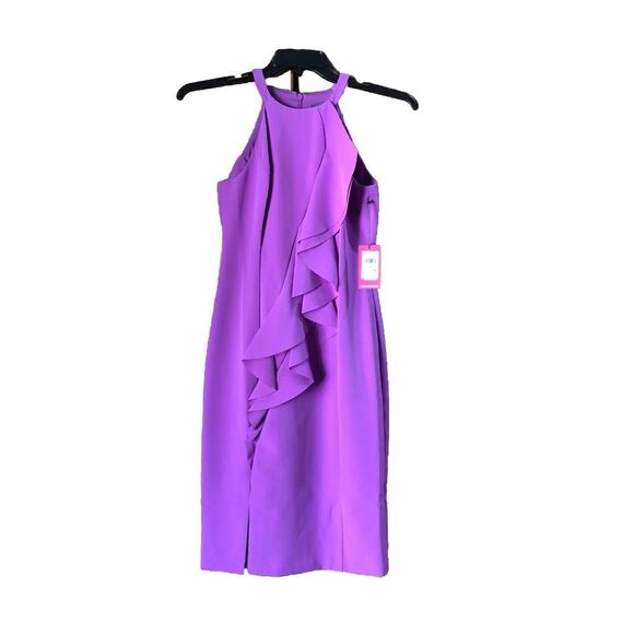 NWT Vince Camuto Halter Ruffle Front Crêpe Sleeveless Sheath Dress - 2 - Picture 1 of 13